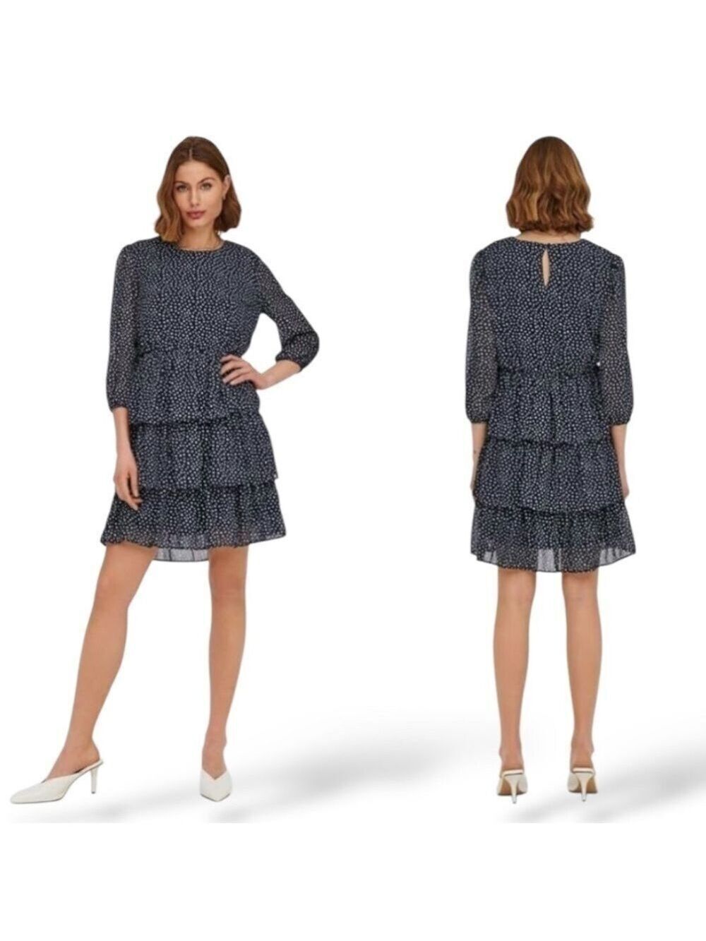 ONLY Easy Care Poly Chiffon Fully Lined, Tiered Long Sleeve Mini Dress US Sz 6